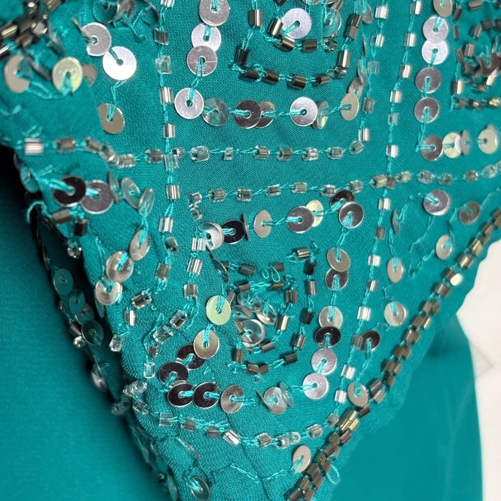 Roaman's Blouse Womens 28W Teal Green Sequin Beaded Pintuck Button Front Top - Picture 6 of 7